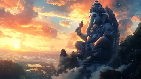 Colossal skyward Ganesha sanctified by burning sunset clouds.