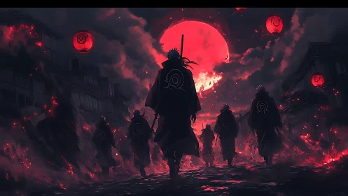 Ronin silhouettes under crimson moonlit ember storm.