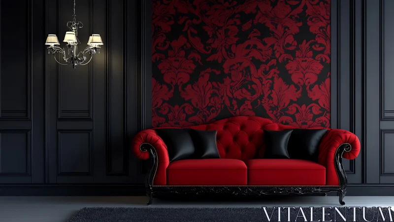 Crimson velvet sofa smolders in a noir baroque salon.