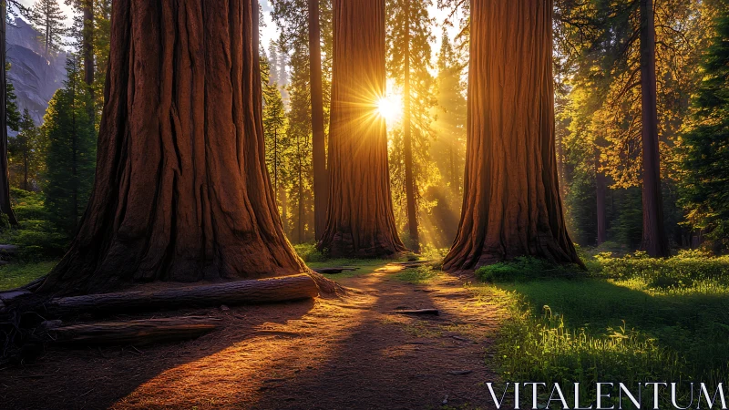 Giant Sequoia Grove with Directional Sunbeam: Golden Hour Backlighting Through Ancient Conifers