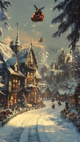 Digital painting of festive alpine village with flying sleighs.