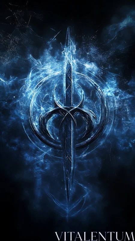 Vertical blue sigil with central spear-like form is displayed