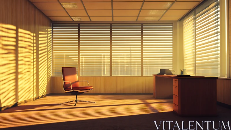 Golden hour quiet office washed in warm window light.