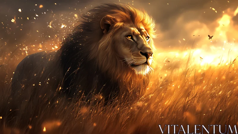Majestic lion in glowing golden savanna sunset field.
