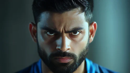 Intense male portrait under dramatic directional lighting.