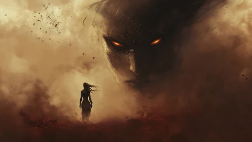 Solitary figure confronts colossal fiery-eyed face in dust storm