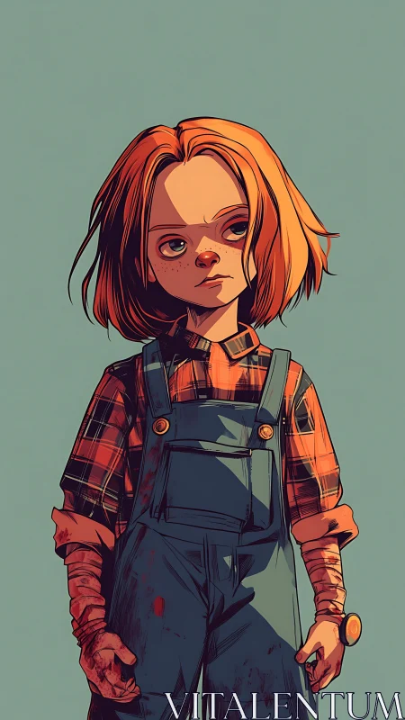 Brooding child in bloodstained overalls under flat light.