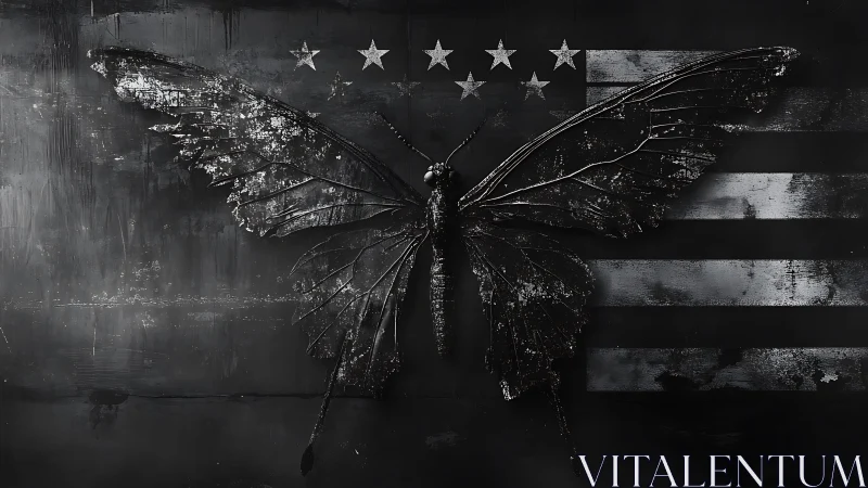 Weathered metal butterfly against a bold monochrome flag.