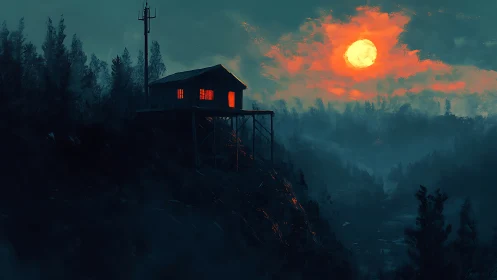 Elevated cabin overlooks foggy forest valley under vivid orange moon