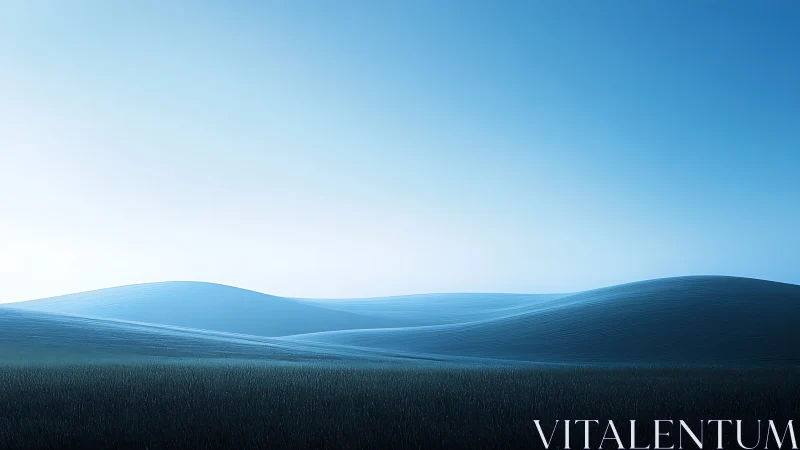 Minimalist blue dunes under gradient dawn sky, low horizon