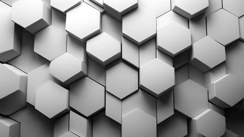 Monochrome 3D hexagonal blocks forming layered wall pattern.