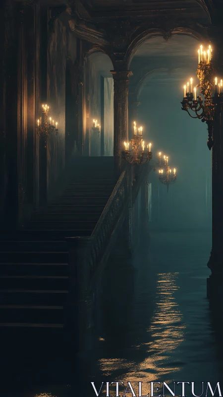 Flooded baroque staircase glows under candlelit haze.