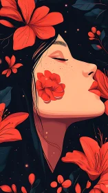Floral profile portrait merges stylized anatomy with bold contrast