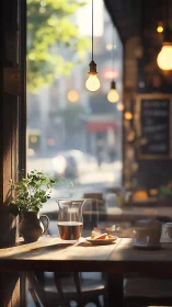 Warm café interior with shallow depth and directional morning light