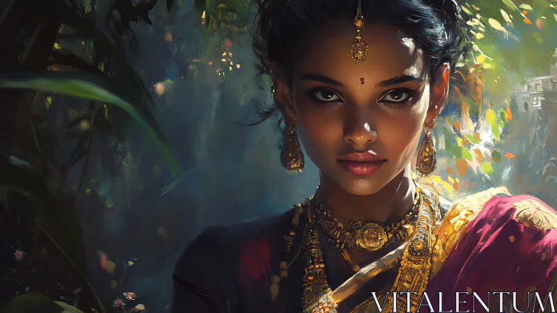 Portrait of a jeweled woman in saturated jungle backlighting