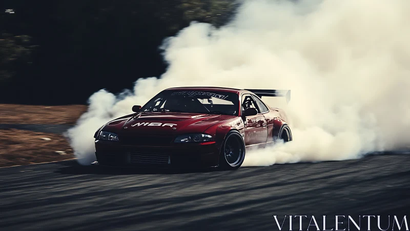 Scarlet drift machine cuts smoky arcs through twilight tarmac