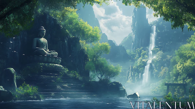 Buddha statue in misty waterfall valley with lush foliage