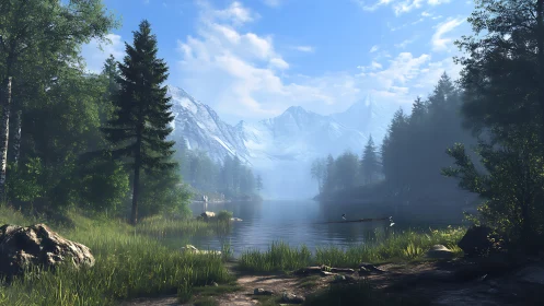 Alpine lake mirrors snowy peaks under clear blue skies.