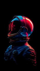 Radiant neon astronaut gazes into quiet cosmic darkness