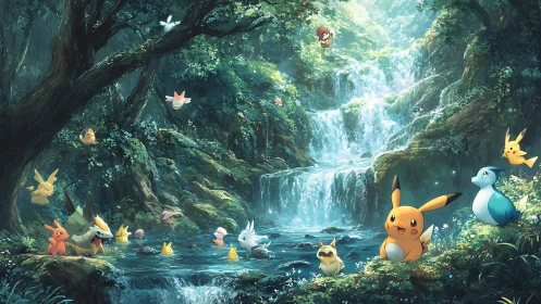 Pokemon Forest Sanctuary with Waterfall and Creatures