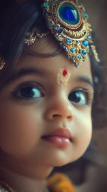 Regal-eyed toddler muse with jeweled crown and quiet wonder.