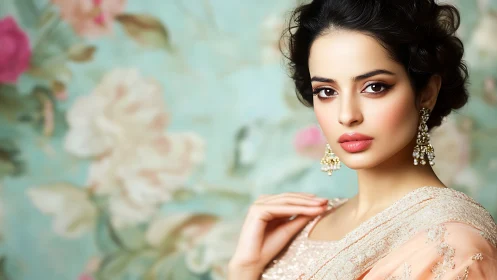 Portrait shows woman in ornate attire before floral backdrop
