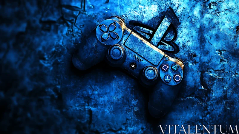 Weathered DualShock controller on textured blue stone surface