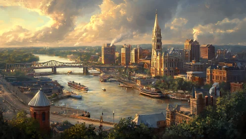 Golden river city at sunset with strolling steamships.