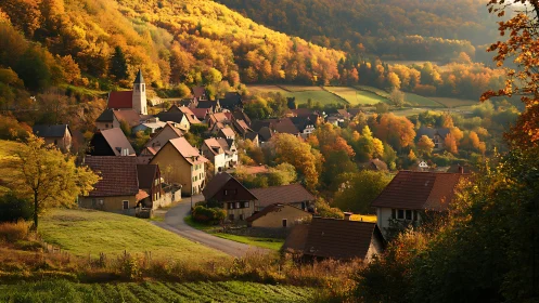 Sunlit hillside village nestled in a glowing autumn valley.