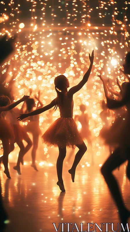 Silhouetted child dancers before dense golden light field.