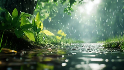 Gentle forest rain falls over a tranquil sunlit stream