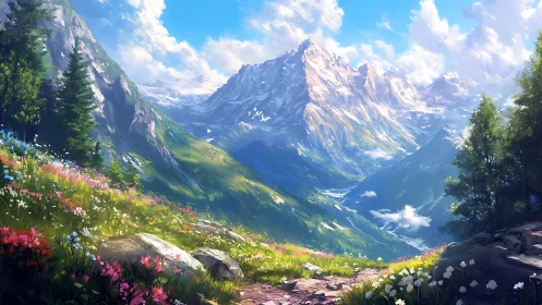 Sunlit alpine meadow beneath towering crystal peaks.