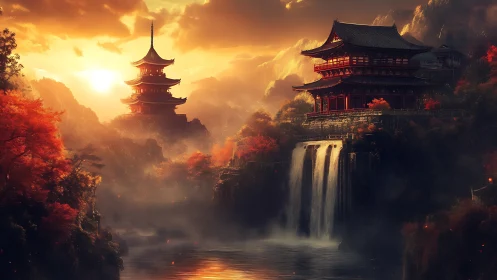 Sunlit twin pagodas overlook misted waterfall in autumn gorge