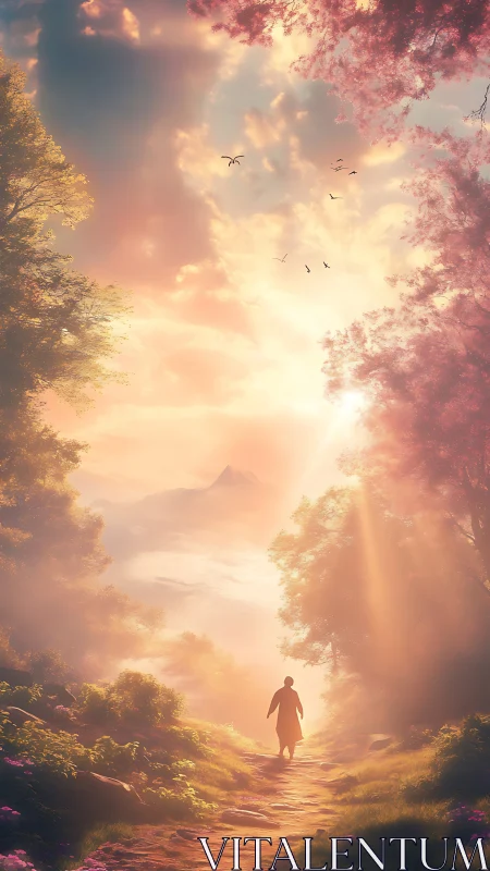 Solitary figure walking toward sunset-lit mountain path.