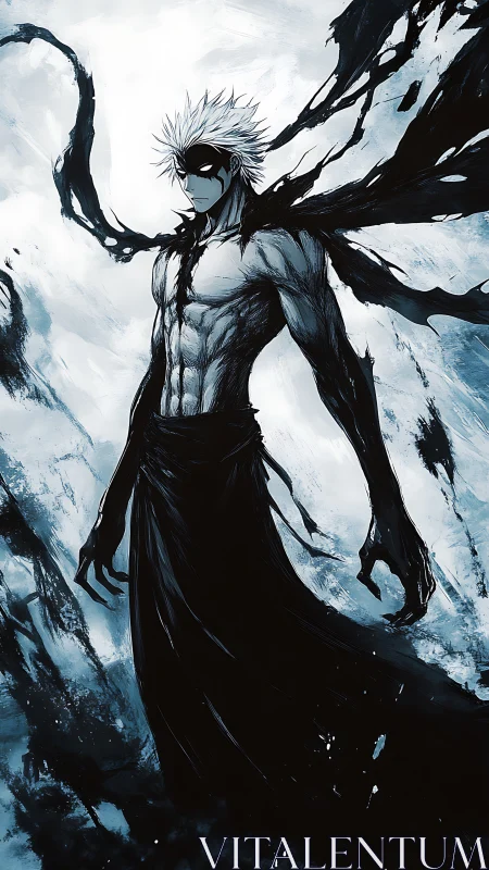 Shadowborn shinigami rises amid storm-slashed monochrome void.