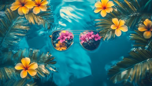 Sunglasses Reflect Tropical Flowers Above Water Surface
