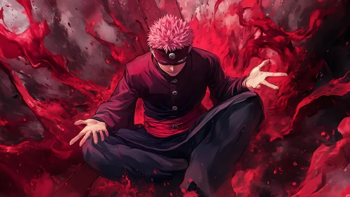 Crimson energy swirls as a calm warrior unlocks inner power