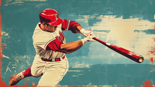 Baseball batter in mid-swing against textured teal field.