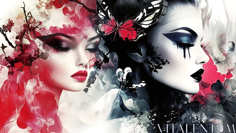 Two stylized female portraits merge with abstract ink textures