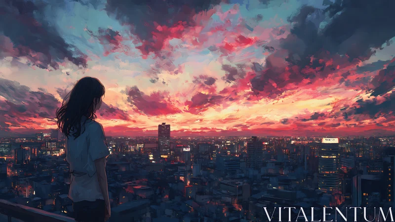 Solitary girl overlooks neon city under burning sunset sky