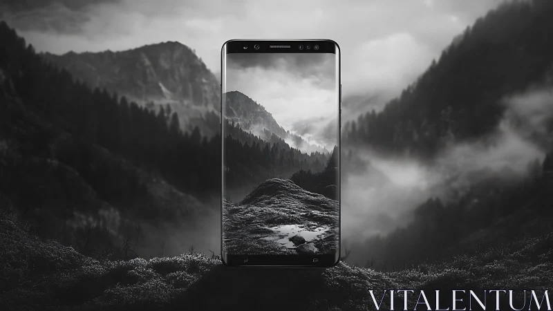 Monochrome bezel-less smartphone framing misty alpine valley
