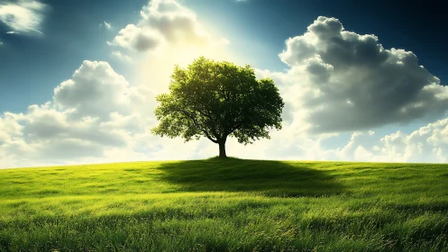 Lone oak tree on green hill under dramatic sky, realistic style.