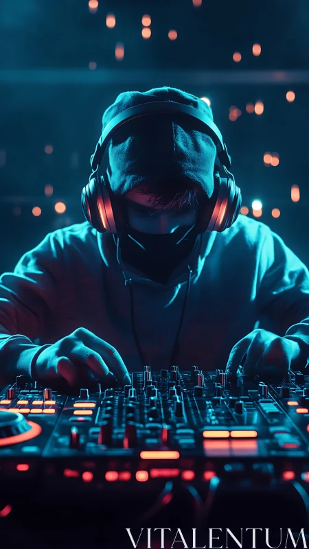 Hooded DJ mixing tracks on illuminated club console.