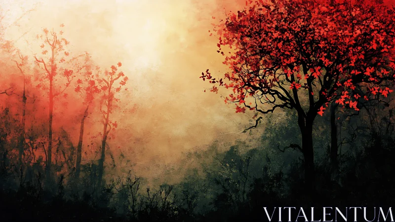 Scarlet tree blazing against a mist-soaked autumn horizon.