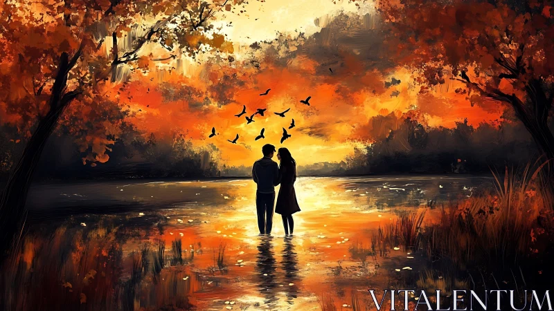 Two figures stand in water beneath autumn trees at sunset.