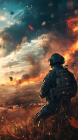 Soldier watches burning battlefield under dramatic sky.
