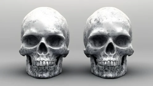 Two Realistic Human Skulls on Gray Background, Digital Art Style.