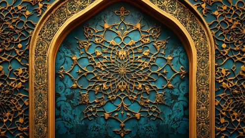 Gilded floral lattice blooming inside a turquoise archway.