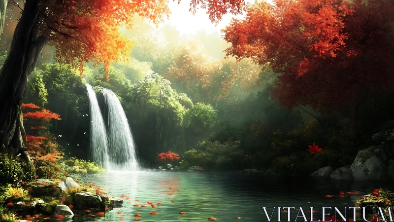 Waterfall hush drapes an autumn lagoon in quiet fire