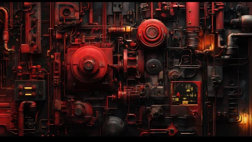 Cyberpunk industrial control wall with modular red machinery.